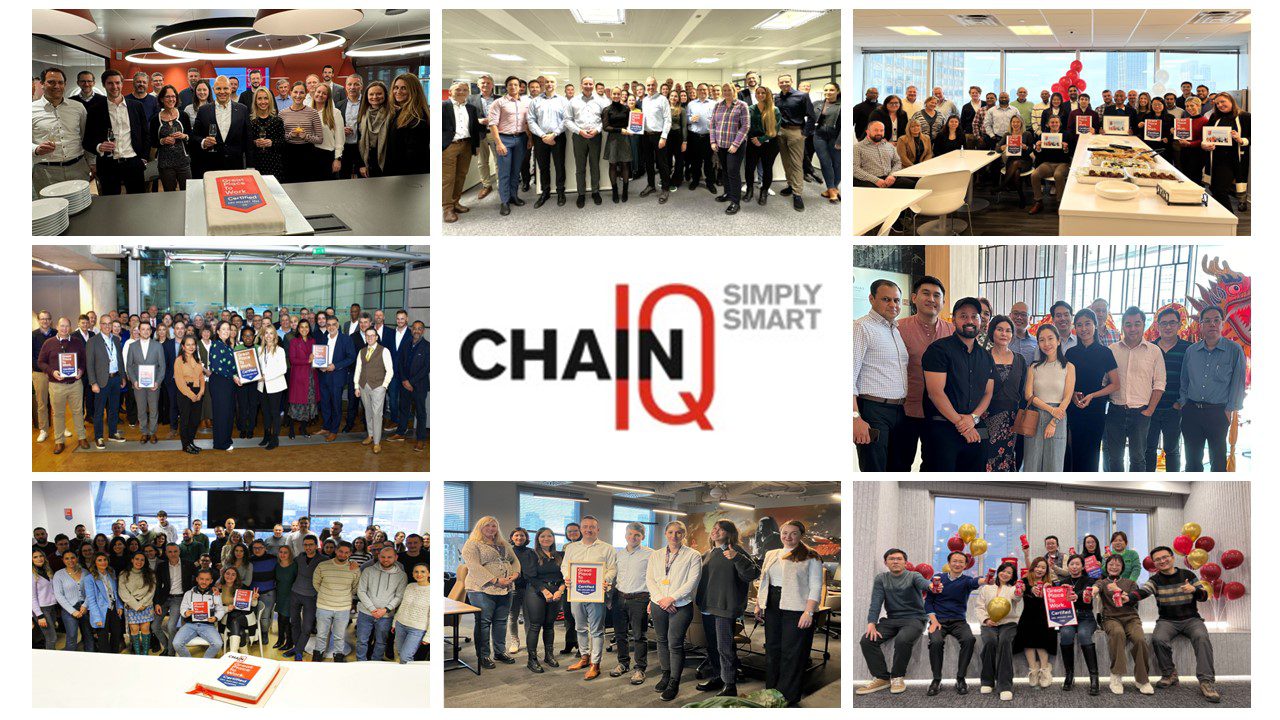 Chain IQ teams in Switzerland, the United States, the United Kingdom, Singapore, Romania, Poland, and China celebrating the Great Place To Work certification.
